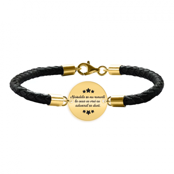 Bratara argint banut 16 mm si piele impletita - personalizata cu text - placat cu aur galben de 24 karate